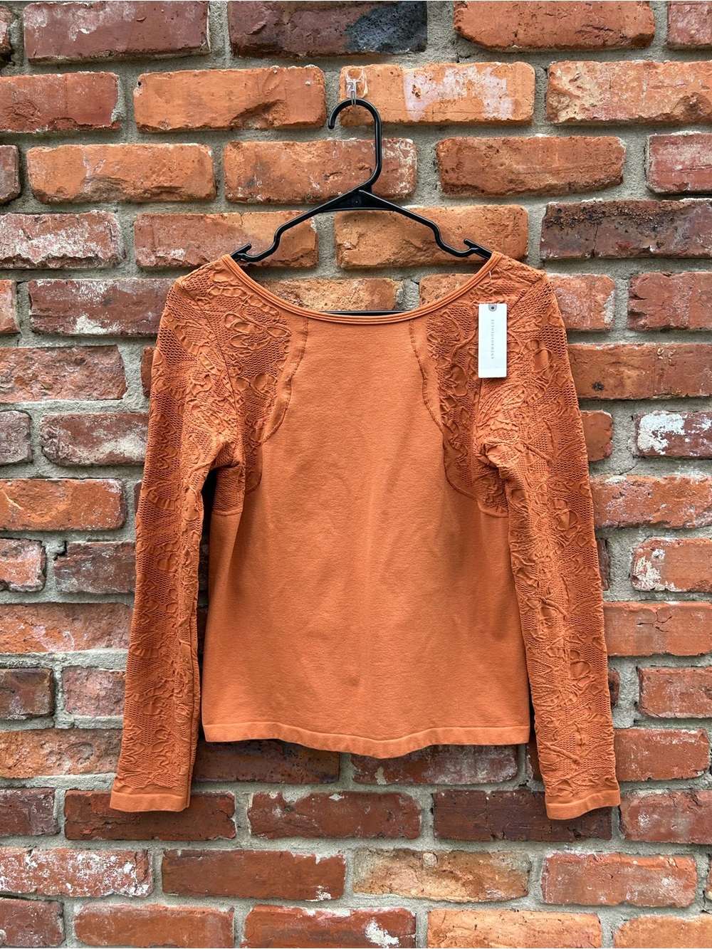 Anthropologie Lace-Trim Long-Sleeve Top in Rust Orange L Stretch Scoop Back NEW